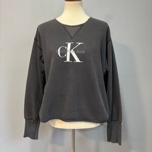 VTG 90s Calvin Klein Gray Crop Top Distressed Logo Crewneck Sweatshirt, Size M